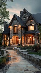 Stone house at dusk, illuminated path