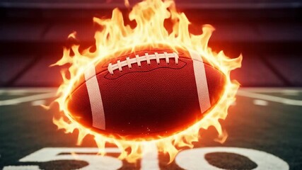 American football engulfed in bright flames racing over the 50‑yard line, dramatic sports opener and fiery VFX overlay for highlights, promos, and intros

