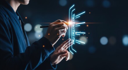 Person interacting with futuristic glowing digital network interface showing data visualization and connectivity