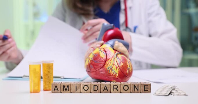 An illustration depicting amiodarone, which is a medication for heart conditions, highlighted with a model heart