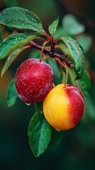 Obraz premium Two plums, red and yellow-red, on a branch with leaves, glistening with rain drops