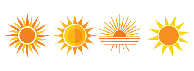 Yellow sun icon set, sunshine and solar glow, sunrise or sunset. Decorative circle full and half sun and sunlight. Hot solar energy for tan. Vector sign