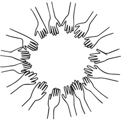Line art drawing of many hands reaching together in a circle, creating a frame. A concept for community, volunteering, teamwork, and support. Doodle vector illustration.

