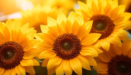 Fototapeta premium Bright and Sunny: A Close-Up of Vibrant Yellow Sunflowers in Full Bloom