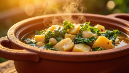 Hot vegetable stew with potatoes and greens in clay pot outdoors  