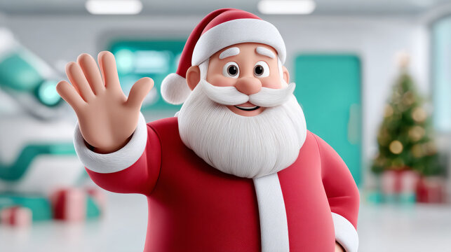 Santa Claus waving hand cheerful expression red suit white beard Christmas tree gift box festive indoor holiday spirit