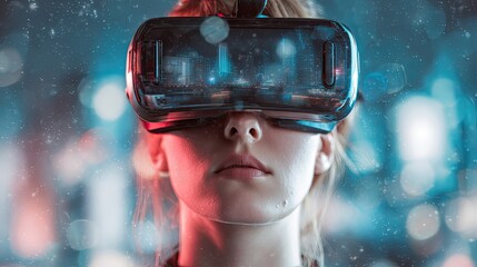 Captivating woman experiencing virtual reality with immersive VR headset, envisioning a futuristic cityscape, ideal for tech startups and innovative marketing campaigns