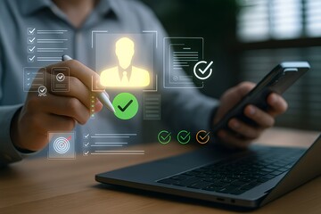 A Businessman Using Smart Technology to Verify Digital Identity, KYC Documents, and Approve Online Profiles, Representing Secure Authentication and Onboarding in Digital Business Platforms
