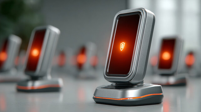 Futuristic security device with glowing orange shield icon, smart technology, network protection, and modern design on gray surface