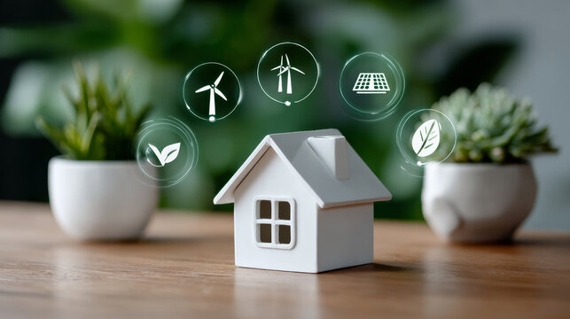 Eco friendly smart home model with renewable energy icons, wind turbine, solar panel, and green plants on wooden table