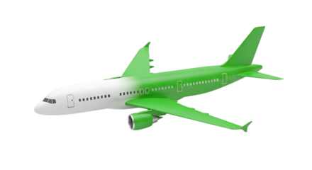 Green and white commercial airplane isolated on transparent background in flight