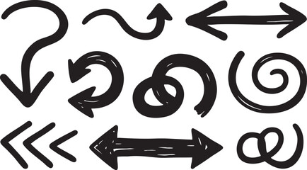 Set of black handdrawn arrows and directional elements isolated on white background