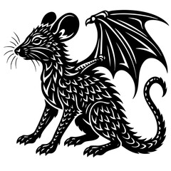 Tribal Rat Dragon Hybrid Vector – Fantasy Mouse with Bat Wings Black and White Tattoo Design