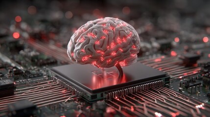 Brain on circuit board, glowing red