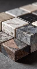 Stacked rectangular samples of various stone types,  showing color variations