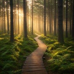 Fototapeta premium Enchanted Forest Path: Sunlit Wooden Walkway Through Misty Pines