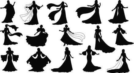 Elegant female silhouettes, long flowing dresses, fashion poses, graceful movement, artistic design, cape styles, scarf motion, dramatic stance, illustration pack