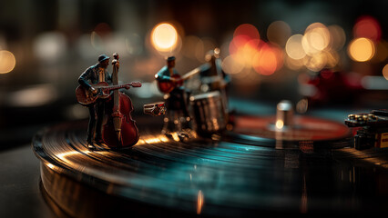 Naklejka premium Miniature Jazz Band on Spinning Vinyl with Retro Urban Vibes