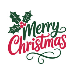 Merry christmas flourish script, holly leaves and swirls, elegant holiday typography, seasonal card design, vector illustration