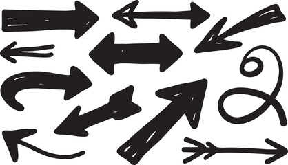 Various handdrawn black arrows and directional symbols isolated on white background