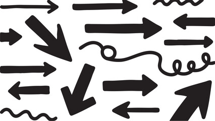 Various handdrawn black arrows and directional symbols isolated on white background