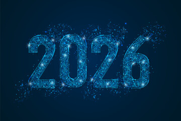 Abstract isolated blue image of new year number 2026. Polygonal low poly wireframe illustration looks like stars in the black night sky in space or flying glass shards. Digital web, internet design.