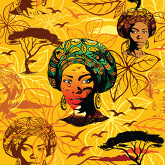 Black Woman Beautiful Portrait and Floral Elements on African Sunset Vector Seamless Textile Motive Pattern Design
