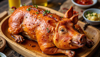 Whole roasted pig served on wooden platter with sauce and herbs  
