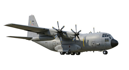 Obraz premium Military transport airplane isolated on transparent background with four propellers