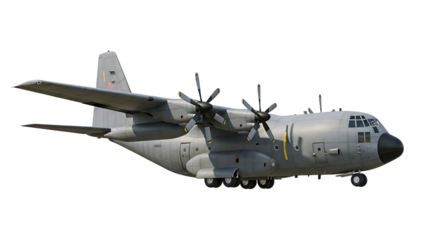 Military transport airplane isolated on transparent background with four propellers