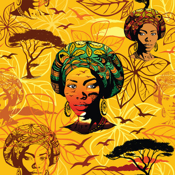 Black Woman Beautiful Portrait and Floral Elements on African Sunset Vector Seamless Textile Motive Pattern Design
