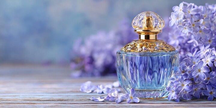 FLACONE DI PROFUMO BLU CON FIORI DI LILL&Agrave;