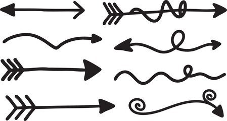 Collection of handdrawn black arrows and pointers isolated on white background