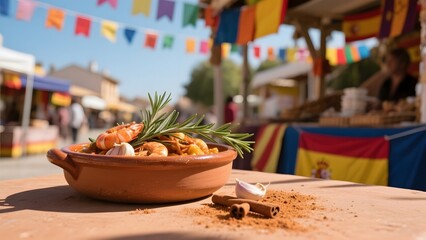 Traditional seafood paella served in a clay dish, garnished with rosemary, at an outdoor market under colorful flags.