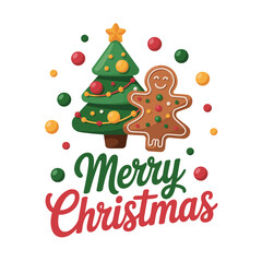 Merry Christmas lettering with tree and gingerbread, confetti dots and sprinkles, cute holiday sticker, seasonal greeting design, vector illustration
