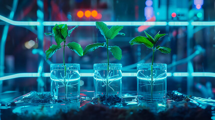 Three small plants in glowing glass jars within a futuristic scientific laboratory setting, illuminated by blue neon light.