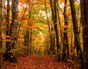 Obraz premium Autumn forest path. Sunlight filtering through colorful trees