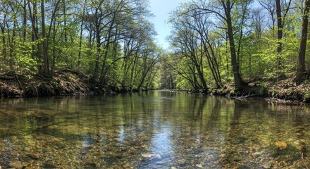 Obraz premium Tranquil River Scene: Lush Forest Reflections, Clear Water, Serene Nature.