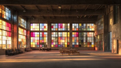 Spacious industrial space with colorful stained-glass windows
