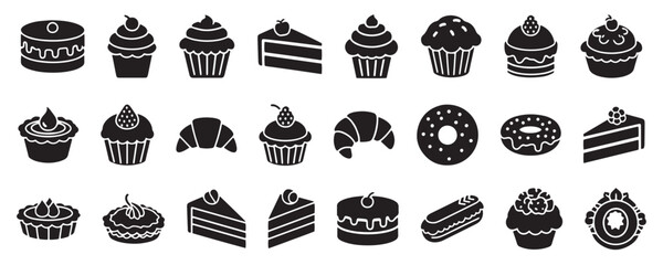 Fototapeta premium Solid Black Bakery Icons. Cakes, Cupcakes, Muffins, Pastries, and Dessert Silhouettes in Minimal Style