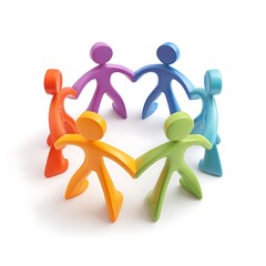 Colorful group of six stick figures holding hands in a circle symbolizing unity and teamwork isolated on white background
