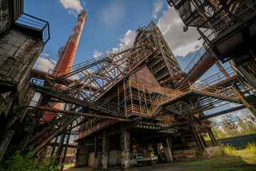 Abandoned Heavy Industrial Ruins with Large Blast Furnace in Steelworks