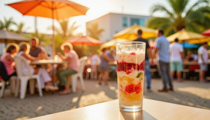 Naklejka premium Colorful fruit cocktail in glass on beachside table at sunset 