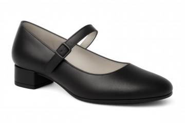Stylish black leather mary jane shoe with delicate buckle, showcasing comfortable block heel against transparent backdrop
