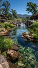 Crystal-clear stream flows through rocky, lush landscape under blue sky