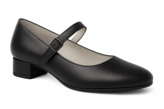 Stylish black leather mary jane shoe with delicate buckle, showcasing comfortable block heel against transparent backdrop