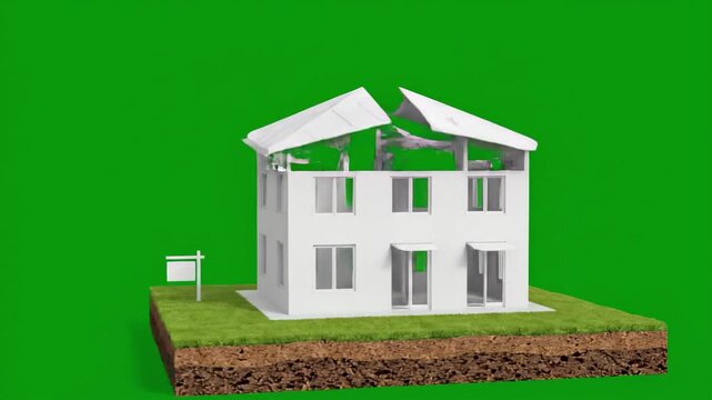 Clean floor plan unfolds and morphs into a photoreal 3D suburban house on a floating grass land slice, centered isolated on green screen for chroma key