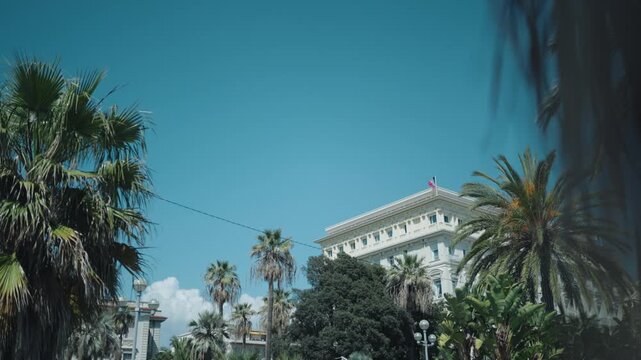 Buildings surrounded with tall palm trees on a summer day in Nice, France.
