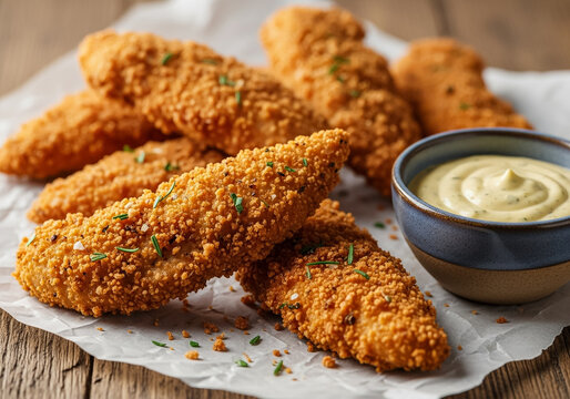 Crispy Breaded Chicken Tenders with Herbs and a Creamy Mustard Dip