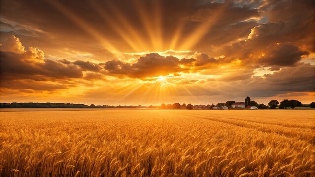 Golden hour sunburst over a wheat field